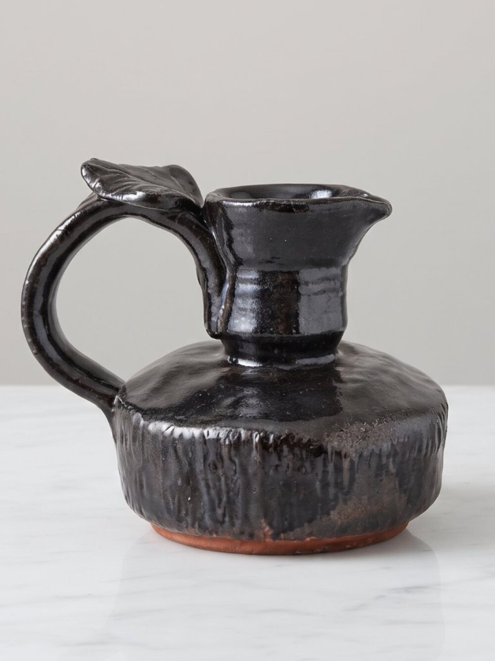 Signed Studio Pottery Stoneware Pitcher Vase Black Drip Glaze Leaf Handle